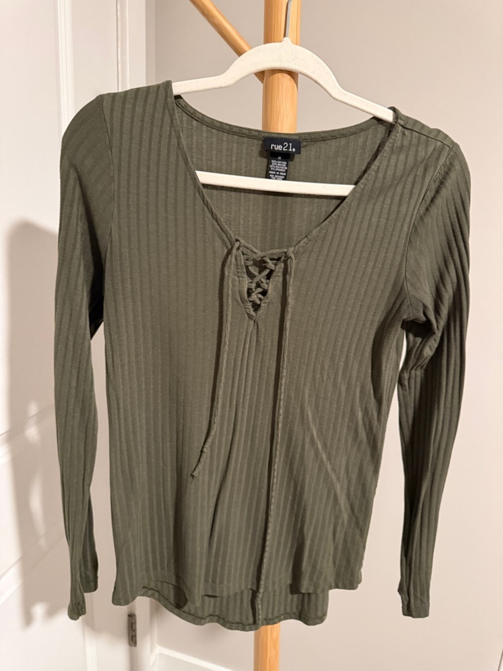 rue21 Olive Ribbed Lace-Up V-Neck Long Sleeve Top